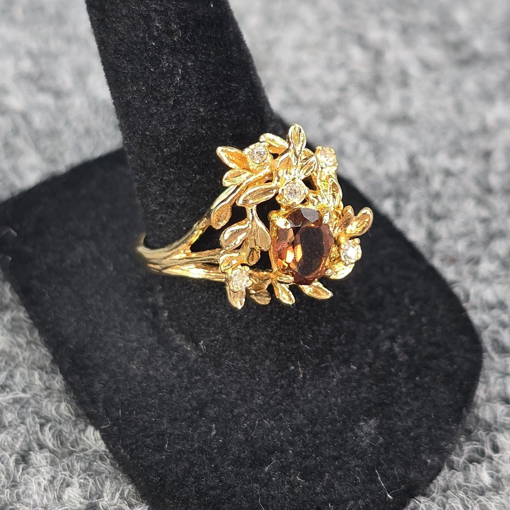 Vintage 18K GE Floral Ring Brown Topaz Rhinestone Size 8 Gold Tone - Picture 4 of 8